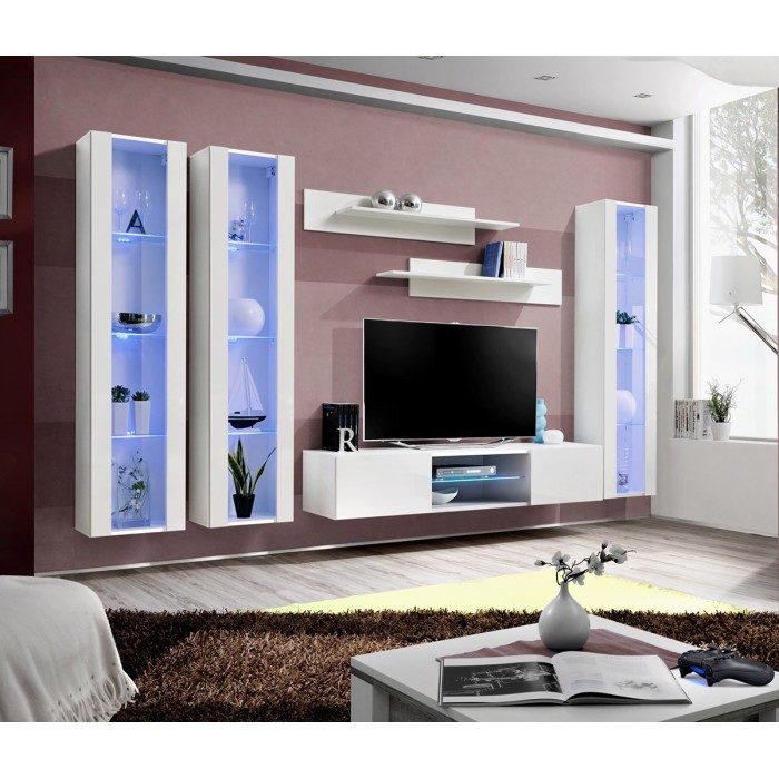 Ensemble Meuble TV FLY P2 avec LED. Coloris blanc. Meubles suspendus design pour votre salon.