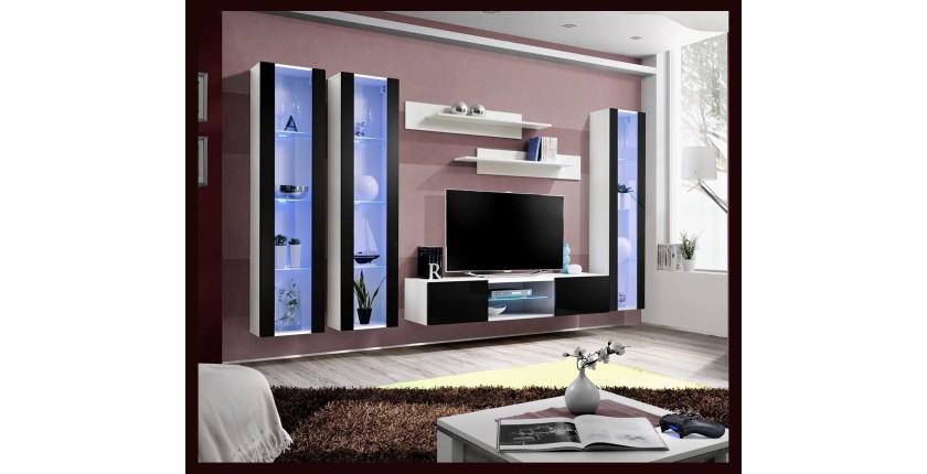 Ensemble Meuble TV FLY P2 avec LED. Coloris blanc et noir. Meubles suspendus design pour votre salon.