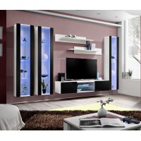 Ensemble Meuble TV FLY P2 avec LED. Coloris blanc et noir. Meubles suspendus design pour votre salon.