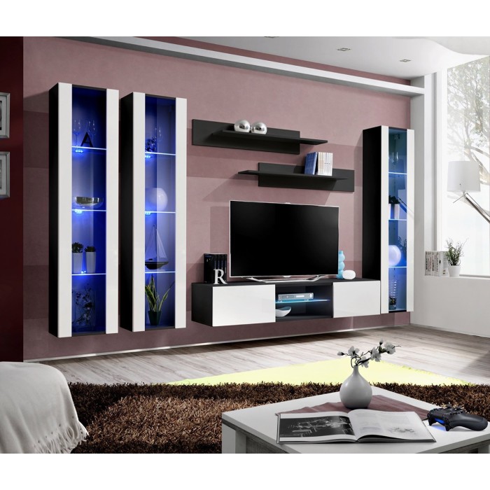 Ensemble Meuble TV FLY P2 avec LED. Coloris noir et blanc. Meubles suspendus design pour votre salon.