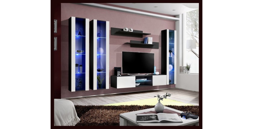 Ensemble Meuble TV FLY P2 avec LED. Coloris noir et blanc. Meubles suspendus design pour votre salon.