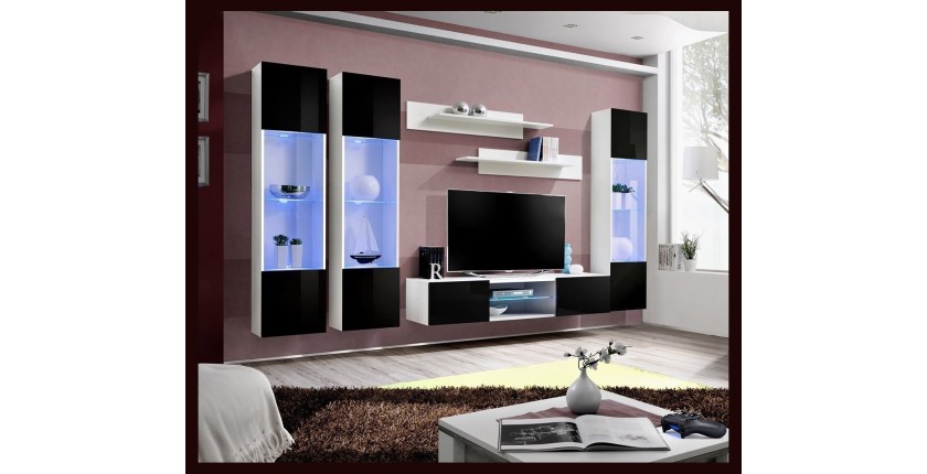 Ensemble Meuble TV FLY P3 avec LED. Coloris blanc et noir. Meubles suspendus design pour votre salon.