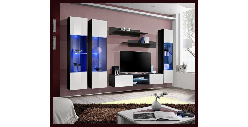 Ensemble Meuble TV FLY P3 avec LED. Coloris noir et blanc. Meubles suspendus design pour votre salon.