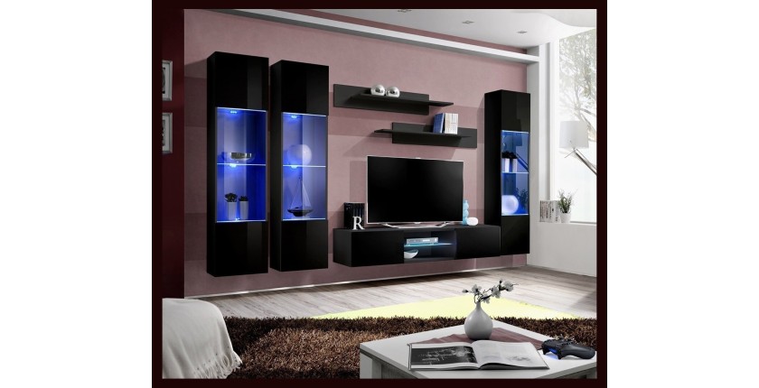 Ensemble Meuble TV FLY P3 avec LED. Coloris noir. Meubles suspendus design pour votre salon.