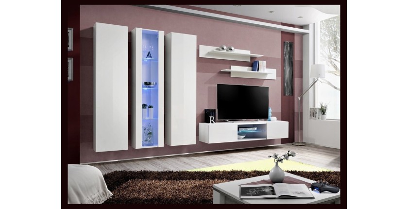 Ensemble Meuble TV FLY P4 avec LED. Coloris blanc. Meubles suspendus design pour votre salon.