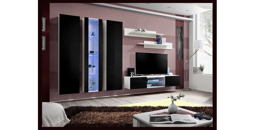 Ensemble Meuble TV FLY P4 avec LED. Coloris blanc et noir. Meubles suspendus design pour votre salon.