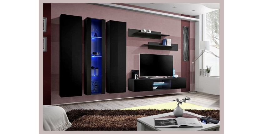 Ensemble Meuble TV FLY P4 avec LED. Coloris noir. Meubles suspendus design pour votre salon.