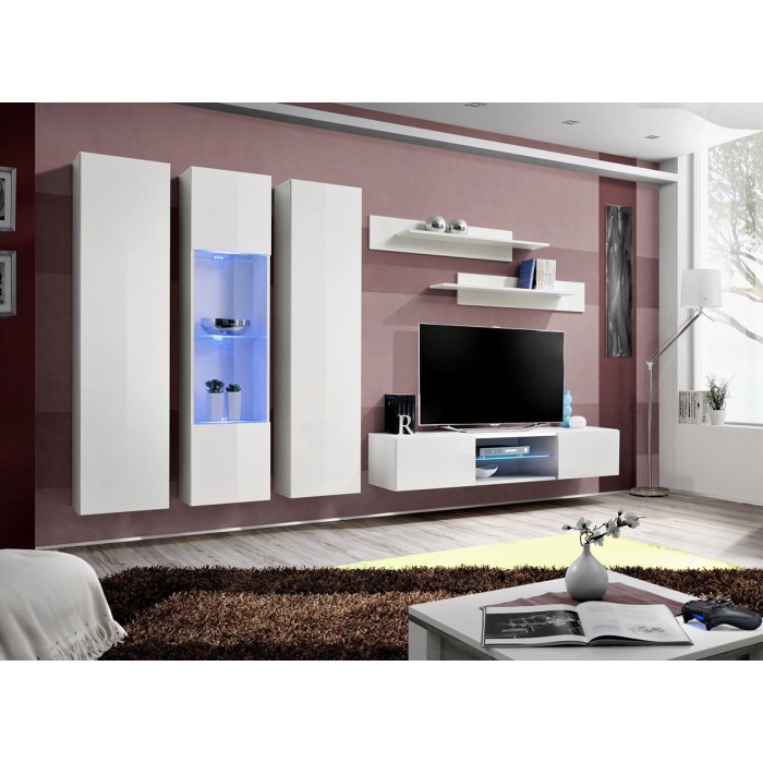 Ensemble Meuble TV FLY P5 avec LED. Coloris blanc. Meubles suspendus design pour votre salon.