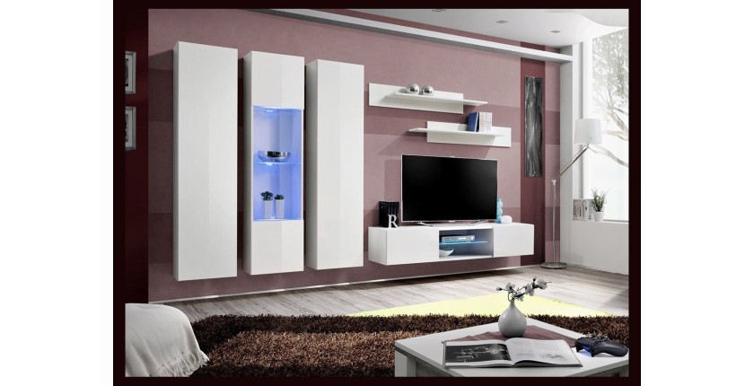 Ensemble Meuble TV FLY P5 avec LED. Coloris blanc. Meubles suspendus design pour votre salon.