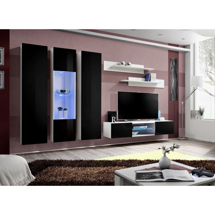 Ensemble Meuble TV FLY P5 avec LED. Coloris blanc et noir. Meubles suspendus design pour votre salon.