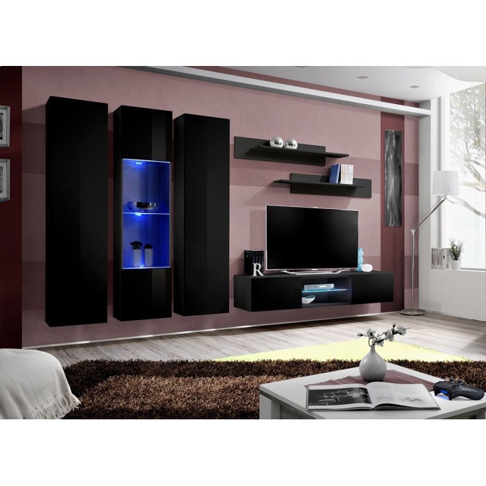 Ensemble Meuble TV FLY P5 avec LED. Coloris noir. Meubles suspendus design pour votre salon.