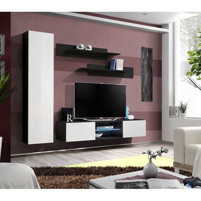 Ensemble Meuble TV FLY R1 avec LED. Coloris noir et blanc. Meuble suspendu design pour votre salon.