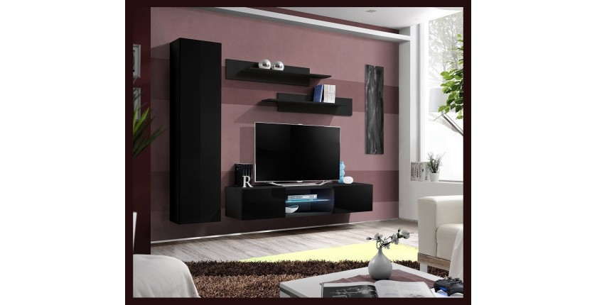 Ensemble Meuble TV FLY R1 avec LED. Coloris noir. Meuble suspendu design pour votre salon.