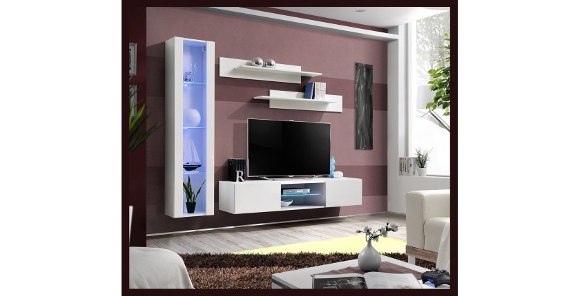Ensemble Meuble TV FLY R2 avec LED. Coloris blanc. Meuble suspendu design pour votre salon.