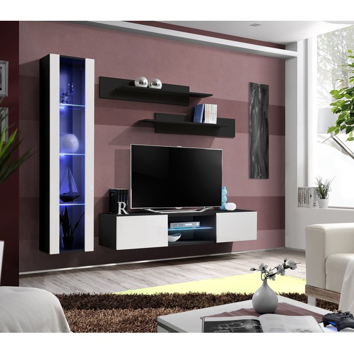 Ensemble Meuble TV FLY R2 avec LED. Coloris noir et blanc. Meuble suspendu design pour votre salon.