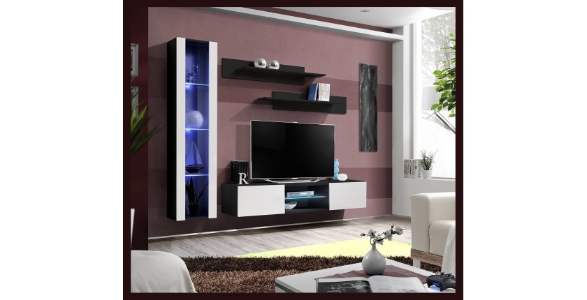 Ensemble Meuble TV FLY R2 avec LED. Coloris noir et blanc. Meuble suspendu design pour votre salon.
