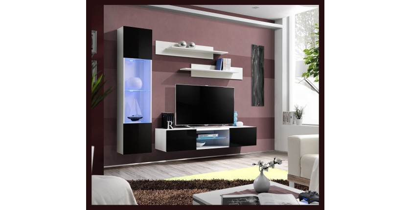 Ensemble Meuble TV FLY R3 avec LED. Coloris blanc et noir. Meuble suspendu design pour votre salon.