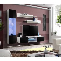 Ensemble Meuble TV FLY R3 avec LED. Coloris blanc et noir. Meuble suspendu design pour votre salon.