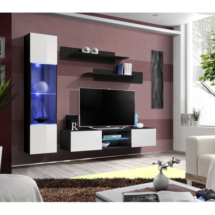 Ensemble Meuble TV FLY R3 avec LED. Coloris noir et blanc. Meuble suspendu design pour votre salon.