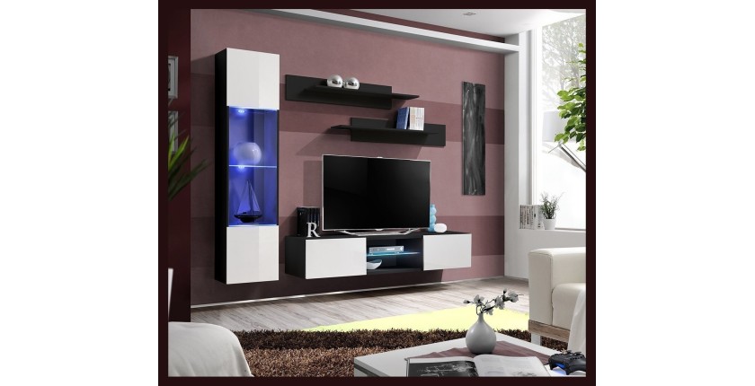 Ensemble Meuble TV FLY R3 avec LED. Coloris noir et blanc. Meuble suspendu design pour votre salon.