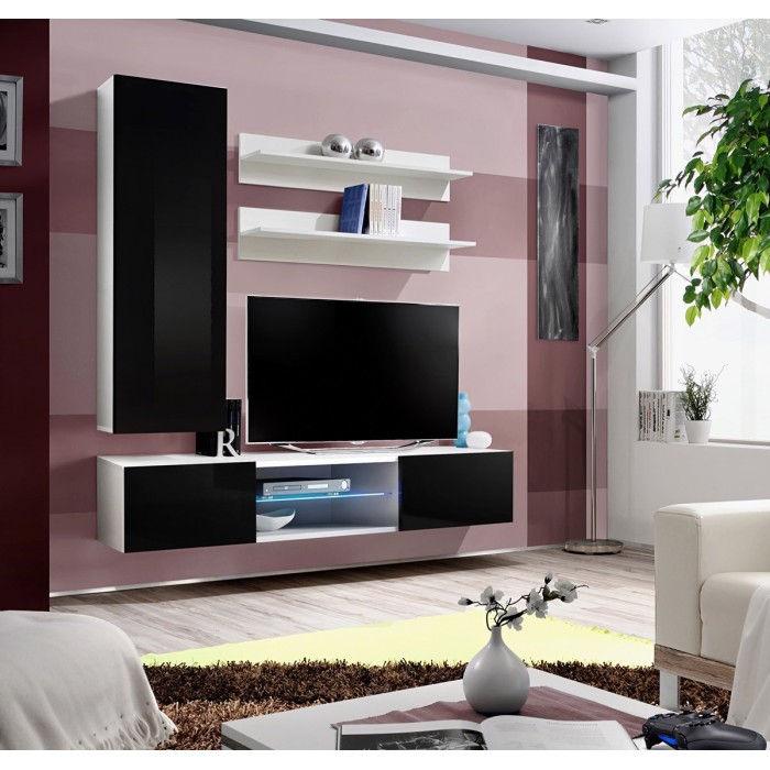 Ensemble Meuble TV FLY S1 avec LED. Coloris blanc et noir. Meuble suspendu design pour votre salon.