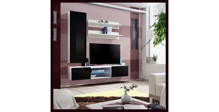 Ensemble Meuble TV FLY S1 avec LED. Coloris blanc et noir. Meuble suspendu design pour votre salon.