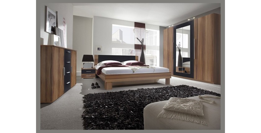 Chambre complète Irina coloris red wallnut et noir : Lit 160x200 cm + armoire + commode + chevets.