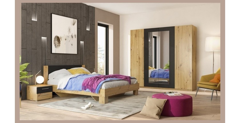 Chambre complète Irina couleur chêne et noir : Lit 180x200 cm + armoire + commode + chevets.