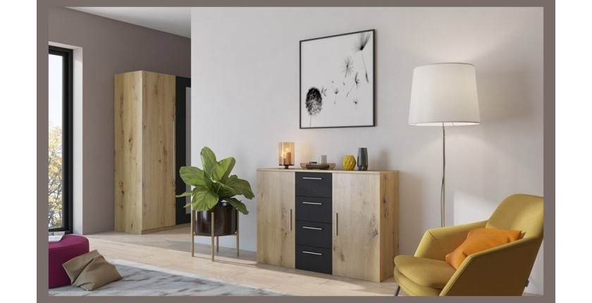 Chambre complète Irina couleur chêne et noir: Lit 160x200 cm + armoire + commode + chevets.