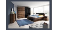 Chambre à coucher FLOYD : Armoire 200cm, Lit 140x200, commode, chevets. Couleur chêne foncé et noir brillant