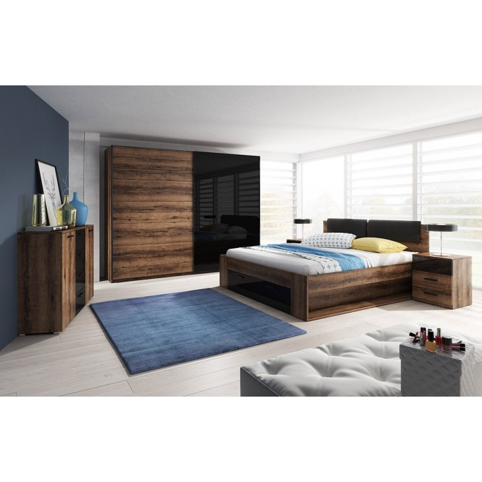 Chambre à coucher FLOYD : Armoire 200cm, Lit 180x200, commode, chevets. Couleur chêne foncé et noir brillant