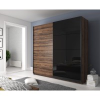 Chambre à coucher FLOYD : Armoire 200cm, Lit 180x200, commode, chevets. Couleur chêne foncé et noir brillant