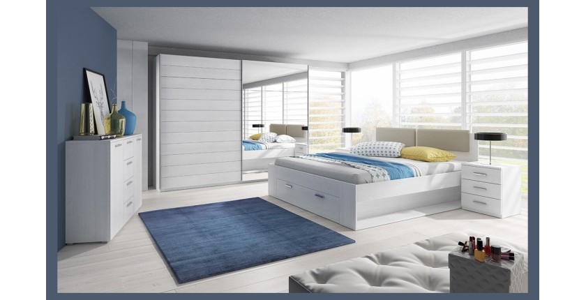 Chambre à coucher FLOYD : Armoire 220cm, Lit 180x200, commode, chevets. Coloris blanc effet bois.
