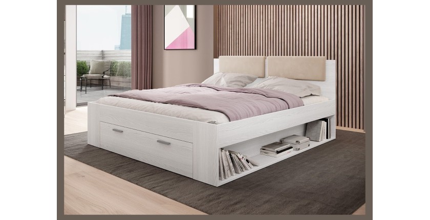 Chambre à coucher FLOYD : Armoire 220cm, Lit 180x200, commode, chevets. Coloris blanc effet bois.