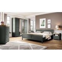 Chambre à coucher ASSIA : Armoire 200cm, Lit 180x200, commode, chevets. Coloris vert kaki et  chêne.