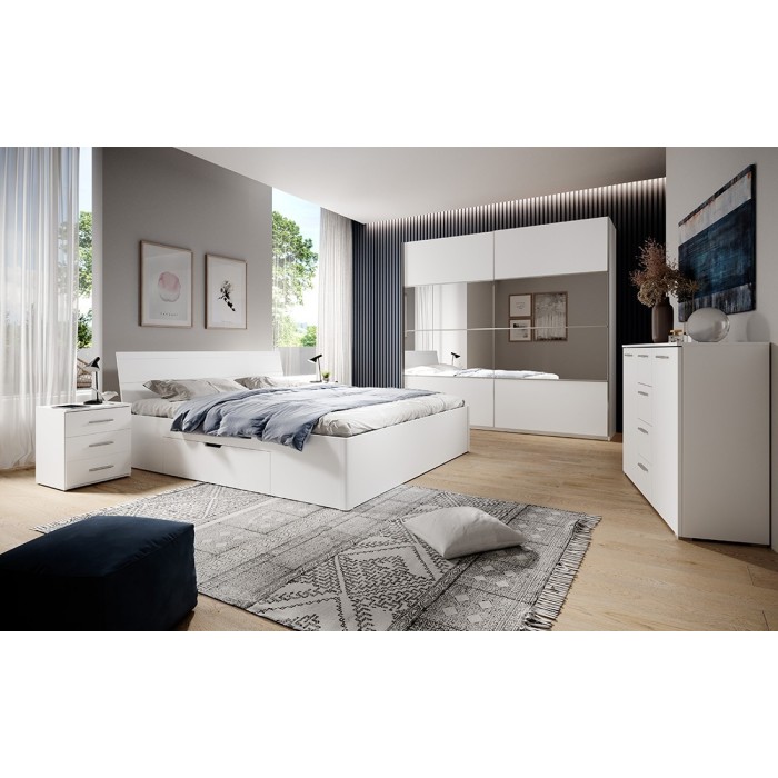 Chambre à coucher EOS : Armoire 200cm, Lit 160x200, commode, chevets. Couleur blanc mat