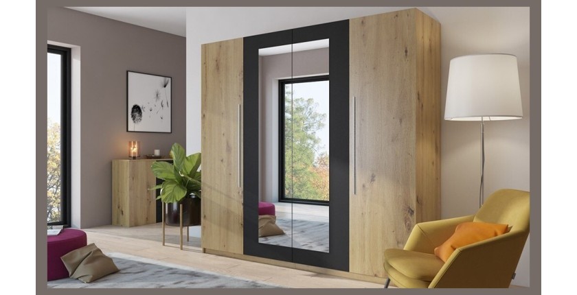 Armoire 4 portes avec miroirs couleur chêne et noir - IRINA