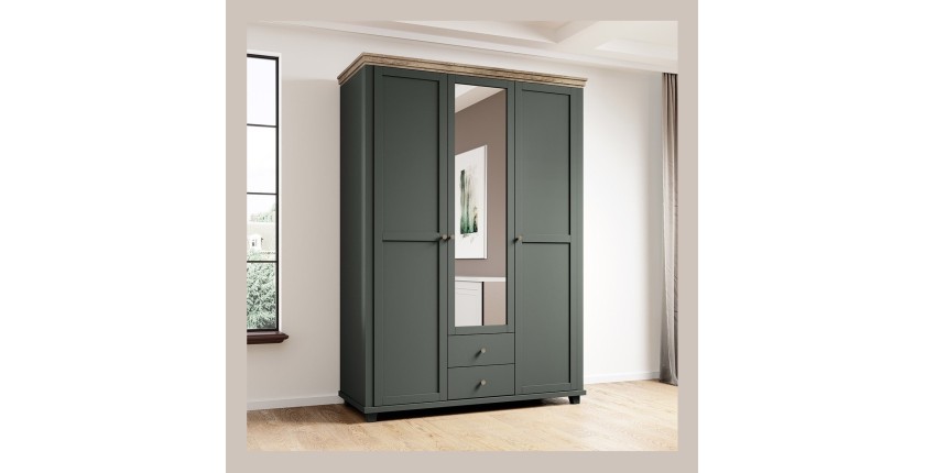 Armoire 150x220 avec 3 portes et 2 tiroirs. Coloris vert kaki et chêne. Collection ASSIA