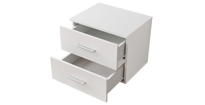 Table de chevet deux tiroirs, collection BALOS. Coloris blanc mat.