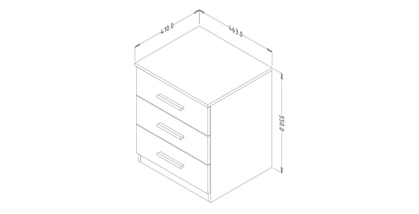 Table de chevet trois tiroirs, collection EOS. Coloris blanc mat