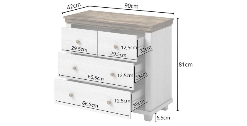 Commode design 4 tiroirs. Coloris blanc et chêne. Collection ASSIA