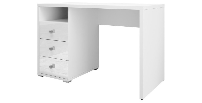 Bureau droit design avec caisson de rangement 3 tiroirs et 1 niche collection ALBY coloris blanc.