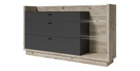 Buffet design XL 200cm. Collection CORK 3 tiroirs et étagères avec LED intégrée. Coloris pin et gris anthracite.