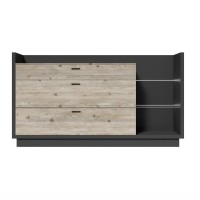 Buffet design XL 200cm. Collection CORK 3 tiroirs et étagères avec LED intégrée. Coloris gris et pin.