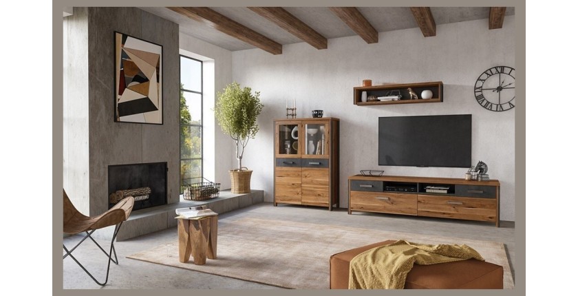 Ensemble 3 meubles de salon collection WINDSOR. Coloris chêne foncé et gris anthracite.