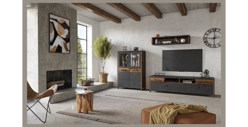 Ensemble 3 meubles de salon collection WINDSOR. Coloris gris anthracite et chêne foncé.