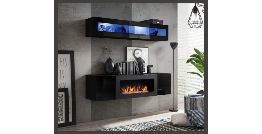 Meubles suspendus avec cheminée décorative collection FLY N2. Coloris noir.
