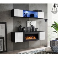 Meubles suspendus avec cheminée décorative collection FLY N3. Coloris noir et blanc.