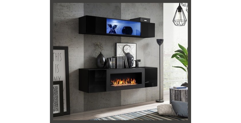 Meubles suspendus avec cheminée décorative collection FLY N3. Coloris noir.