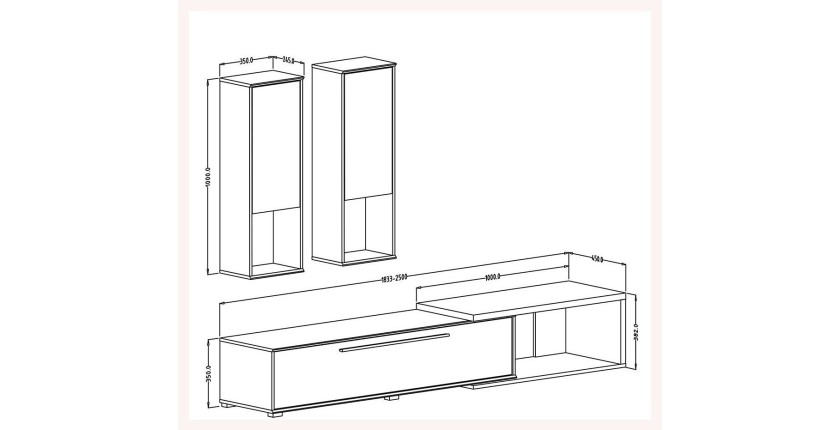 Composition de 3 meubles design pour salon couleur blanc et chêne collection HARLEM